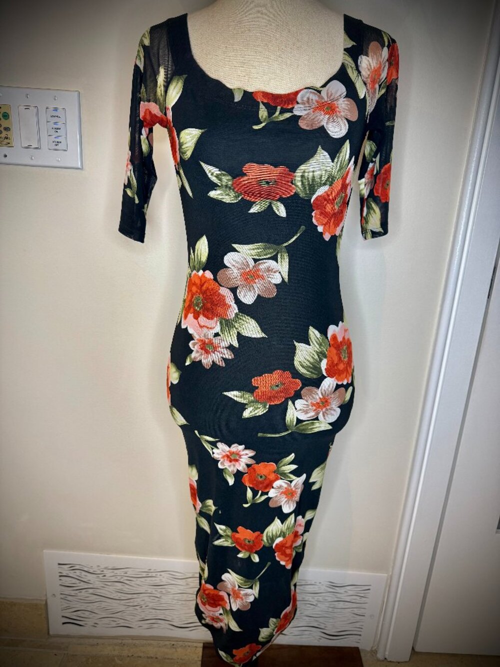 DNA Couture Partially Sheer Mesh Black & Red Floral Midi Dress, Lined Stretchy S